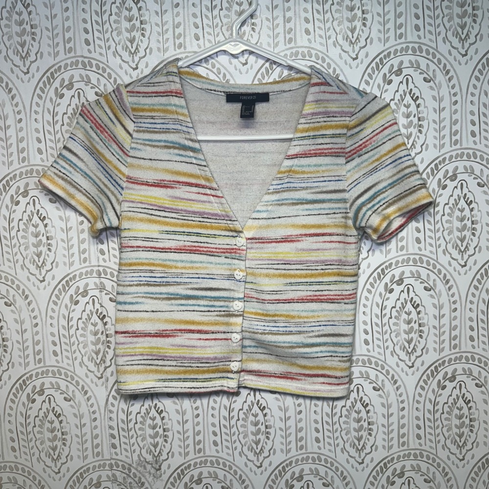 Forever 21 Multi Color Stripe Button V Neck Short Sleeve Cropped Sweater Top M‎